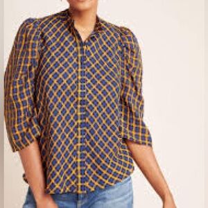 Eva Franco Blue and Orange Relaxed Blouse with Mandarin Collar (Anthropologie)